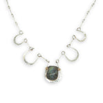 5 sterling silver hammered cups necklace with a singular flashy labradorite cabochon on sterling silver bar chain