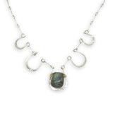 5 sterling silver hammered cups necklace with a singular flashy labradorite cabochon on sterling silver bar chain