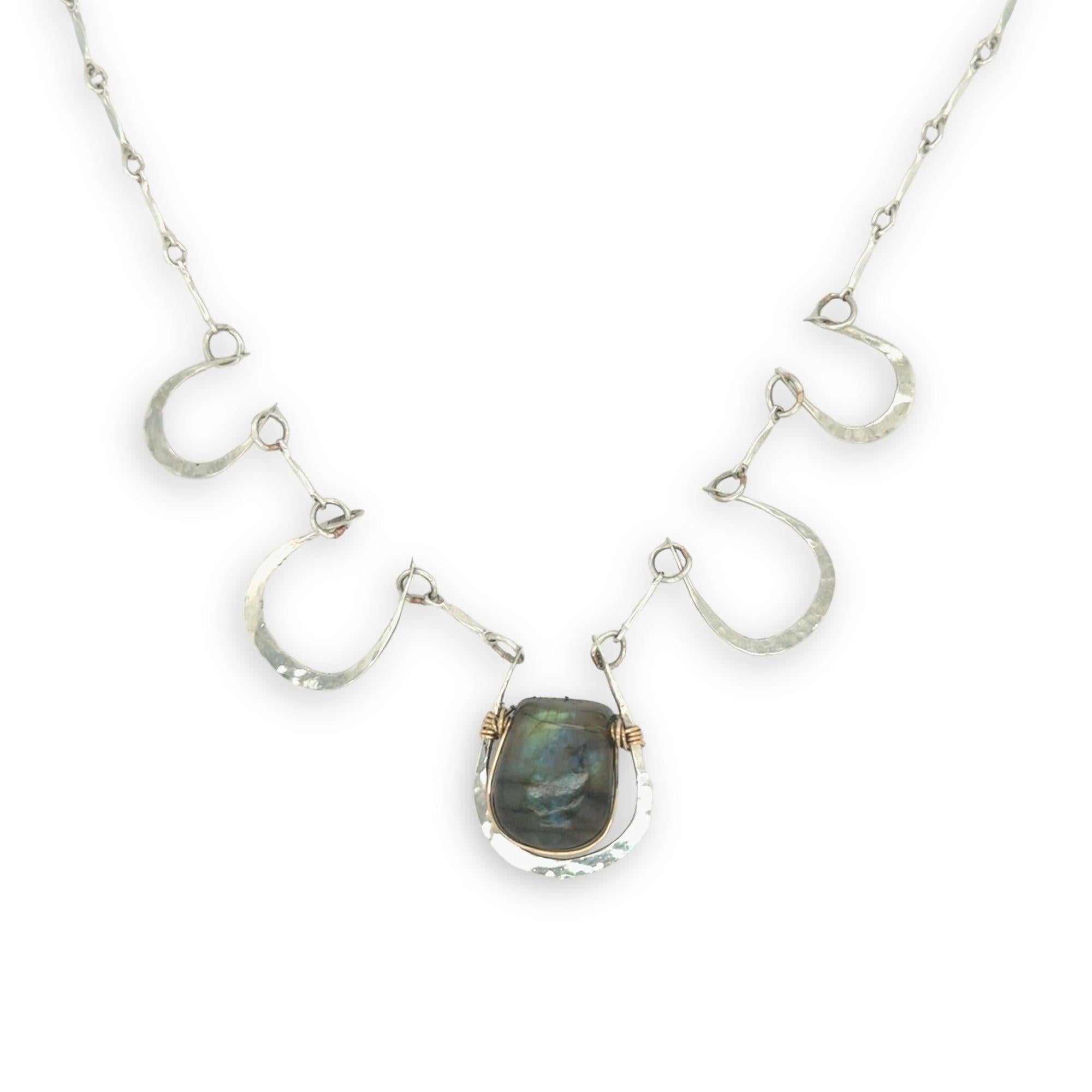 5 sterling silver hammered cups necklace with a singular flashy labradorite cabochon on sterling silver bar chain