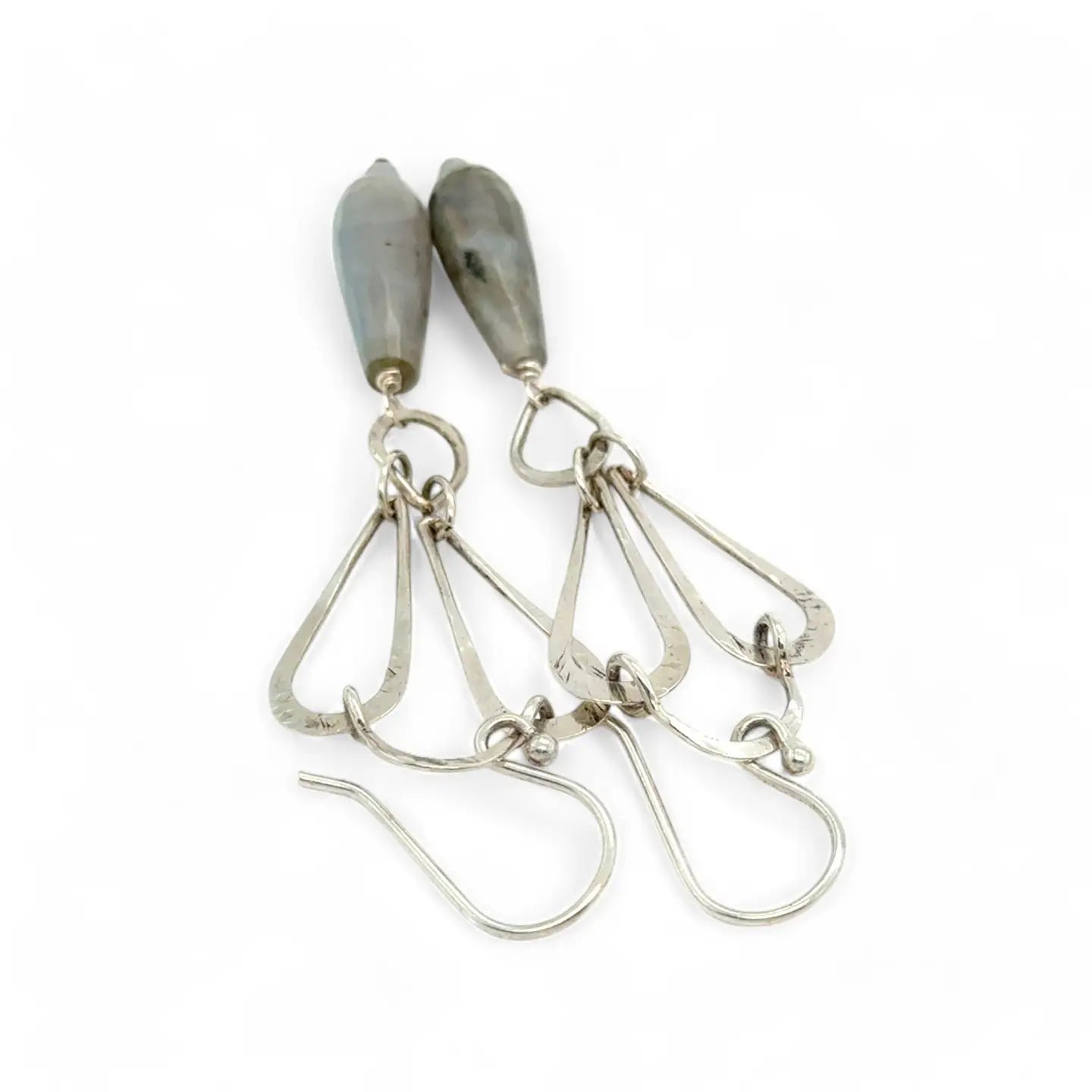 Handmade hammered sterling silver drops on an arch earring with labradorite teardrop dangle earring