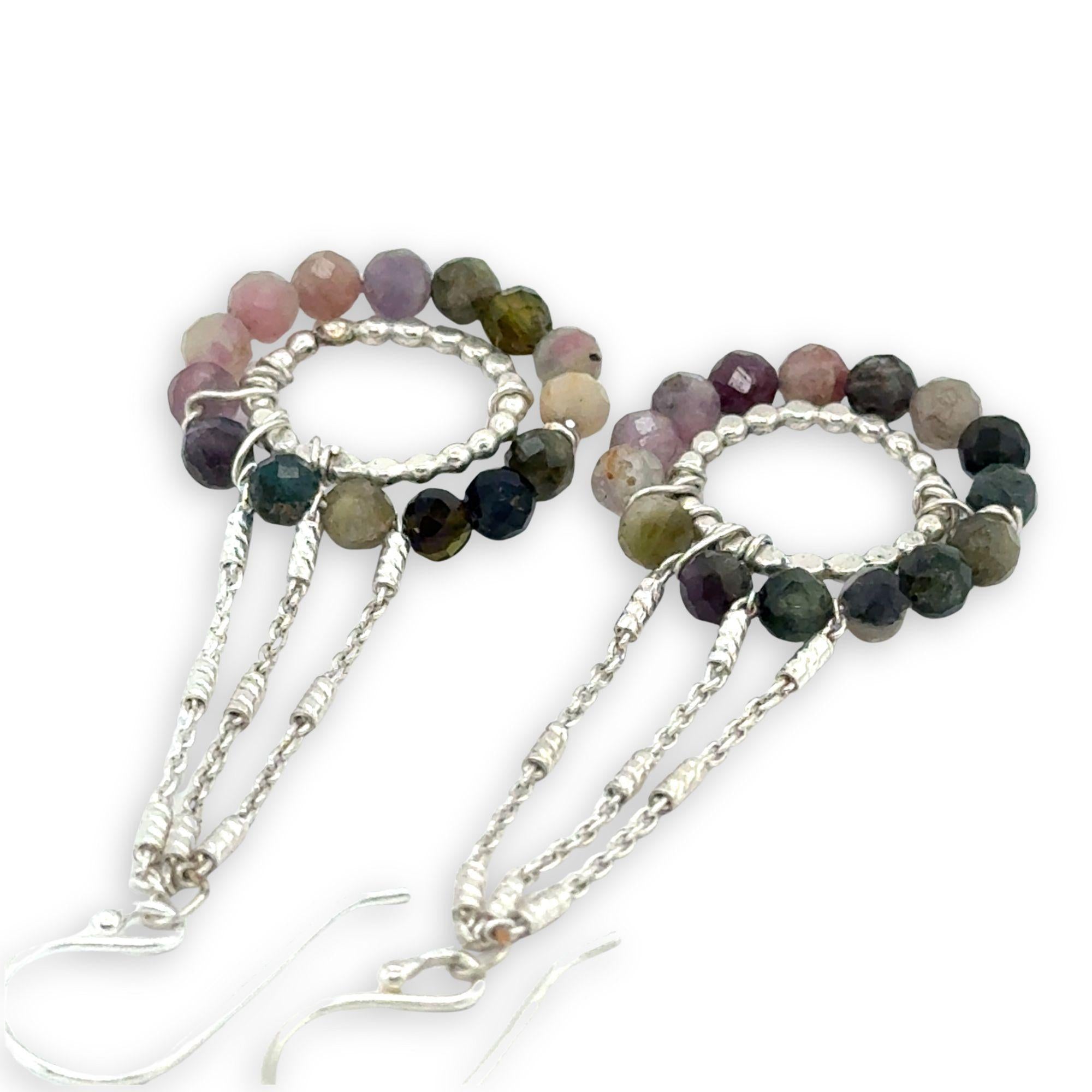 sterling silver dot wire rings surrounded by faceted tourmaline gemstones hanging from sparkly sterling silver delicate chain earrings