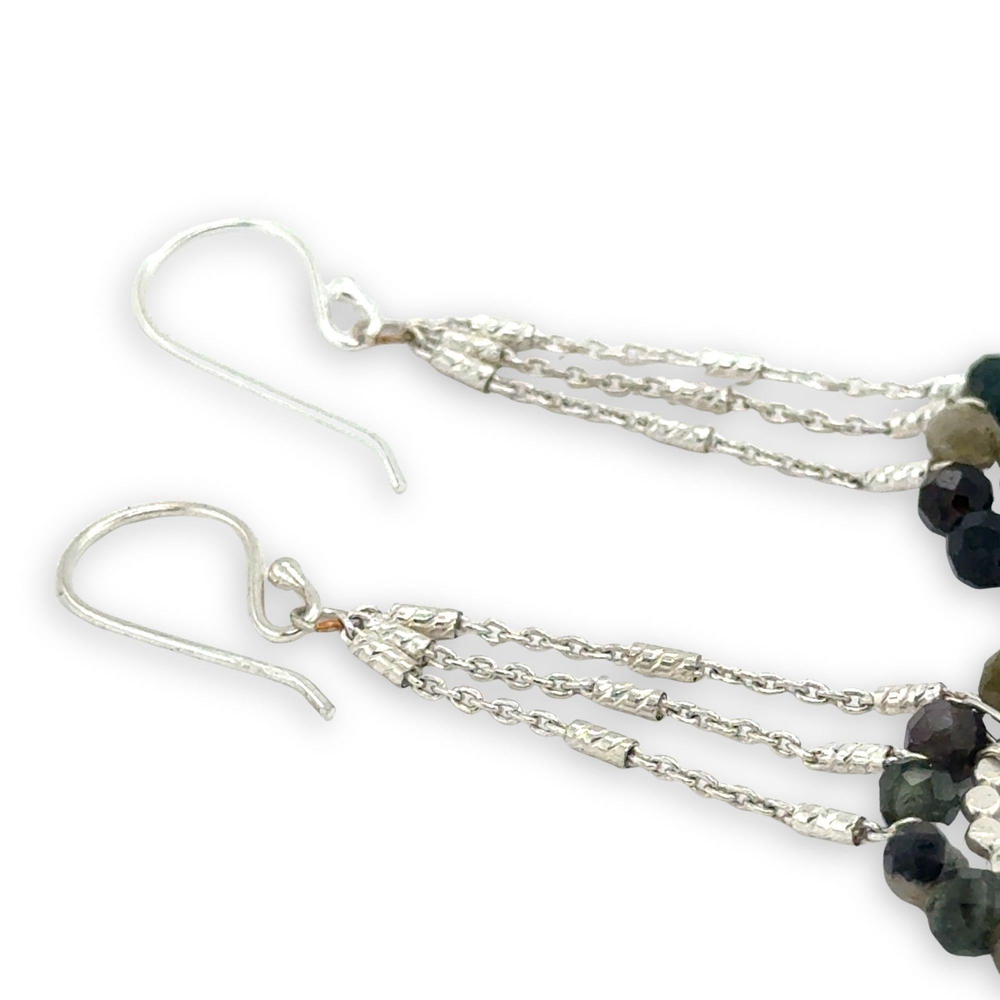 sterling silver dot wire rings surrounded by faceted tourmaline gemstones hanging from sparkly sterling silver delicate chain earrings