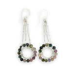 sterling silver dot wire rings surrounded by faceted tourmaline gemstones hanging from sparkly sterling silver delicate chain earrings