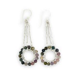 sterling silver dot wire rings surrounded by faceted tourmaline gemstones hanging from sparkly sterling silver delicate chain earrings