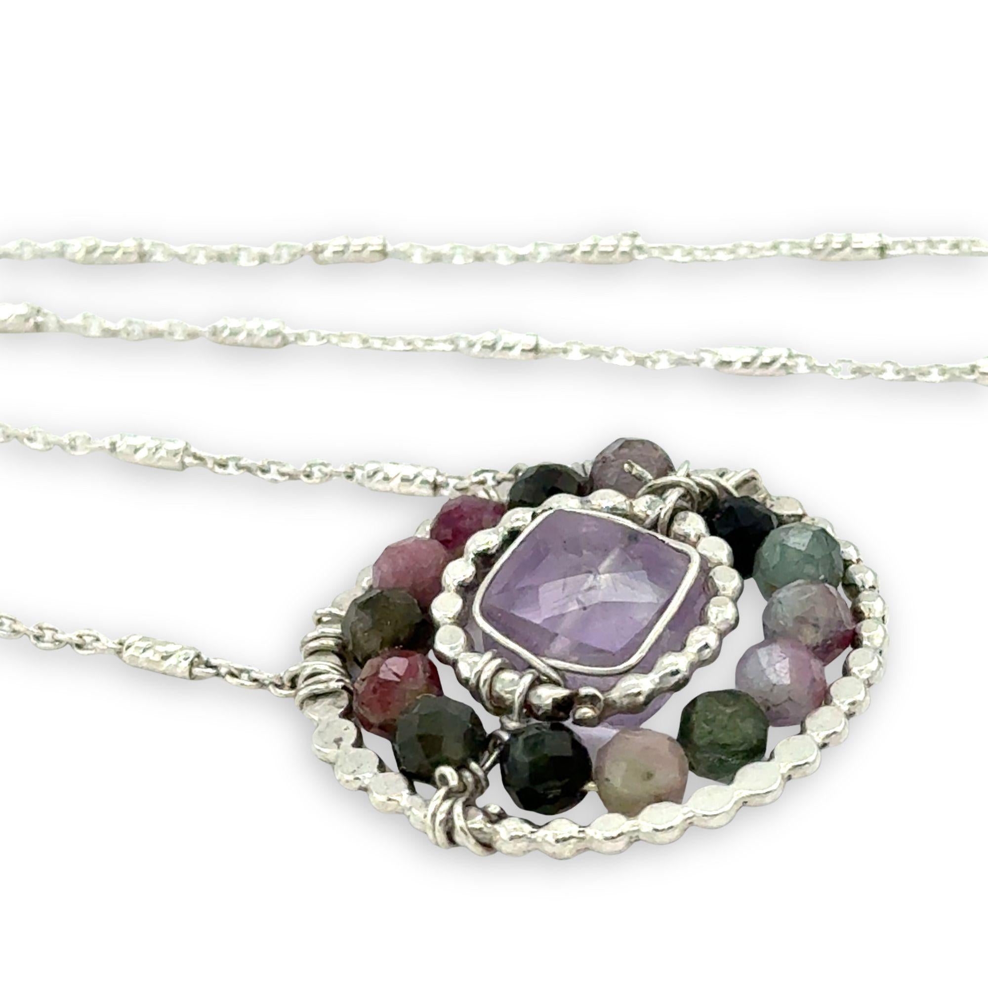 sterling silver hammered dot wire ring pendant with tourmaline and amethyst cube faceted gemstones on sparkly sterling chain necklace