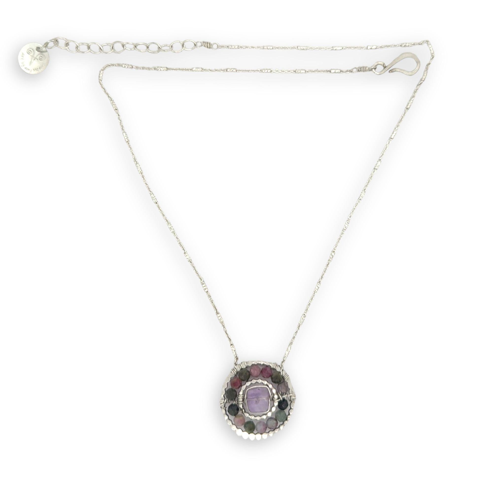 sterling silver hammered dot wire ring pendant with tourmaline and amethyst cube faceted gemstones on sparkly sterling chain necklace