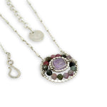 sterling silver hammered dot wire ring pendant with tourmaline and amethyst cube faceted gemstones on sparkly sterling chain necklace