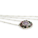 sterling silver hammered dot wire ring pendant with tourmaline and amethyst cube faceted gemstones on sparkly sterling chain necklace