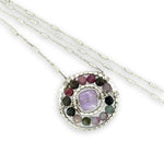 sterling silver hammered dot wire ring pendant with tourmaline and amethyst cube faceted gemstones on sparkly sterling chain necklace