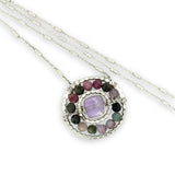 sterling silver hammered dot wire ring pendant with tourmaline and amethyst cube faceted gemstones on sparkly sterling chain necklace