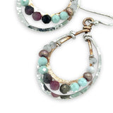 Sterling silver and bronze mini channel drop earrings lined with a mix of moonstone, champagne colored fresh water pearl, tourmaline and  cubic zirconia gemstones