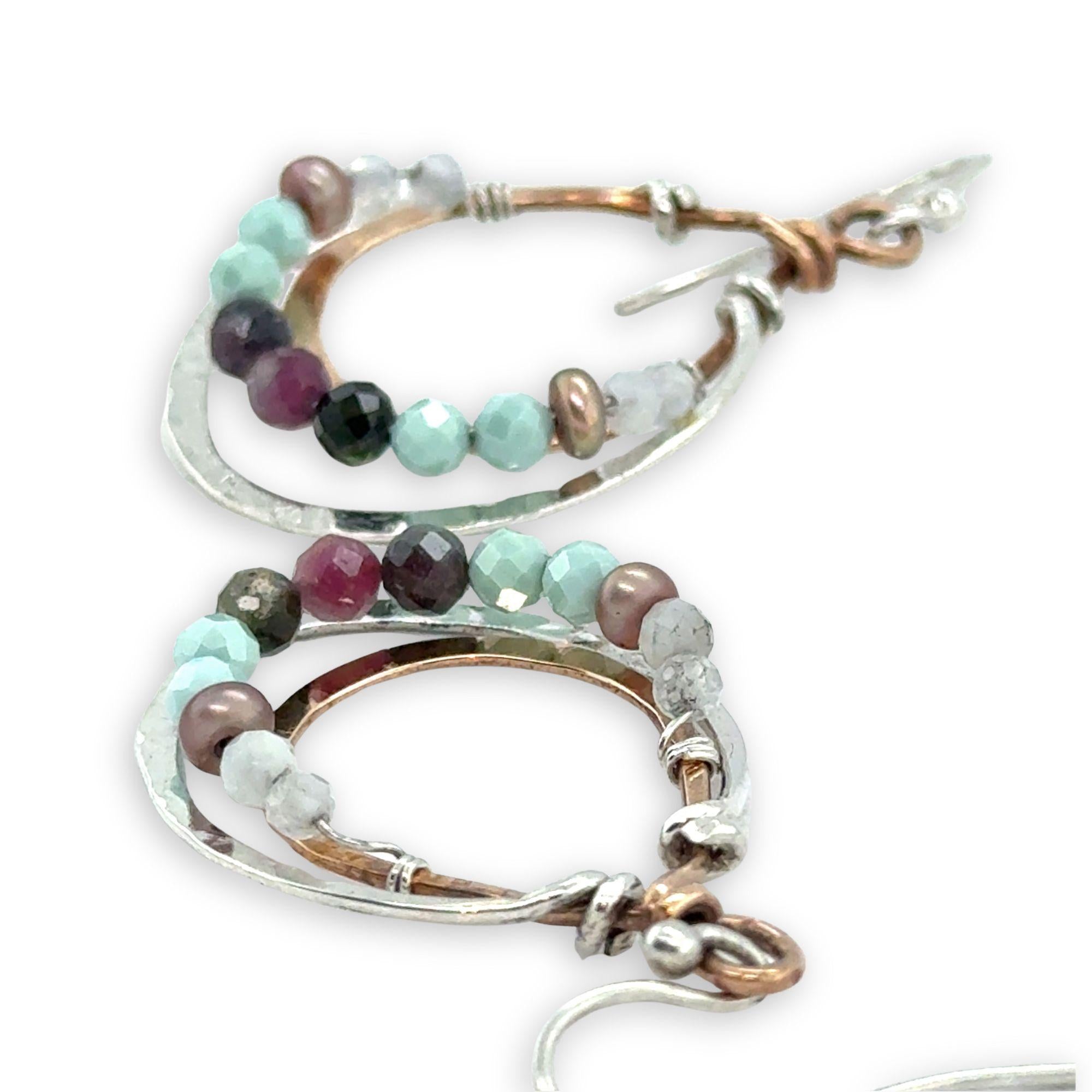 Sterling silver and bronze mini channel drop earrings lined with a mix of moonstone, champagne colored fresh water pearl, tourmaline and  cubic zirconia gemstones