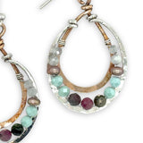 Sterling silver and bronze mini channel drop earrings lined with a mix of moonstone, champagne colored fresh water pearl, tourmaline and  cubic zirconia gemstones