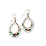 Sterling silver and bronze mini channel drop earrings lined with a mix of moonstone, champagne colored fresh water pearl, tourmaline and  cubic zirconia gemstones