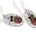 Sterling silver dot oval earrings with ruby, amethyst, green tourmaline, and sterling silver beads