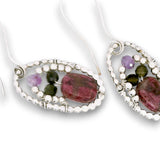 Sterling silver dot oval earrings with ruby, amethyst, green tourmaline, and sterling silver beads