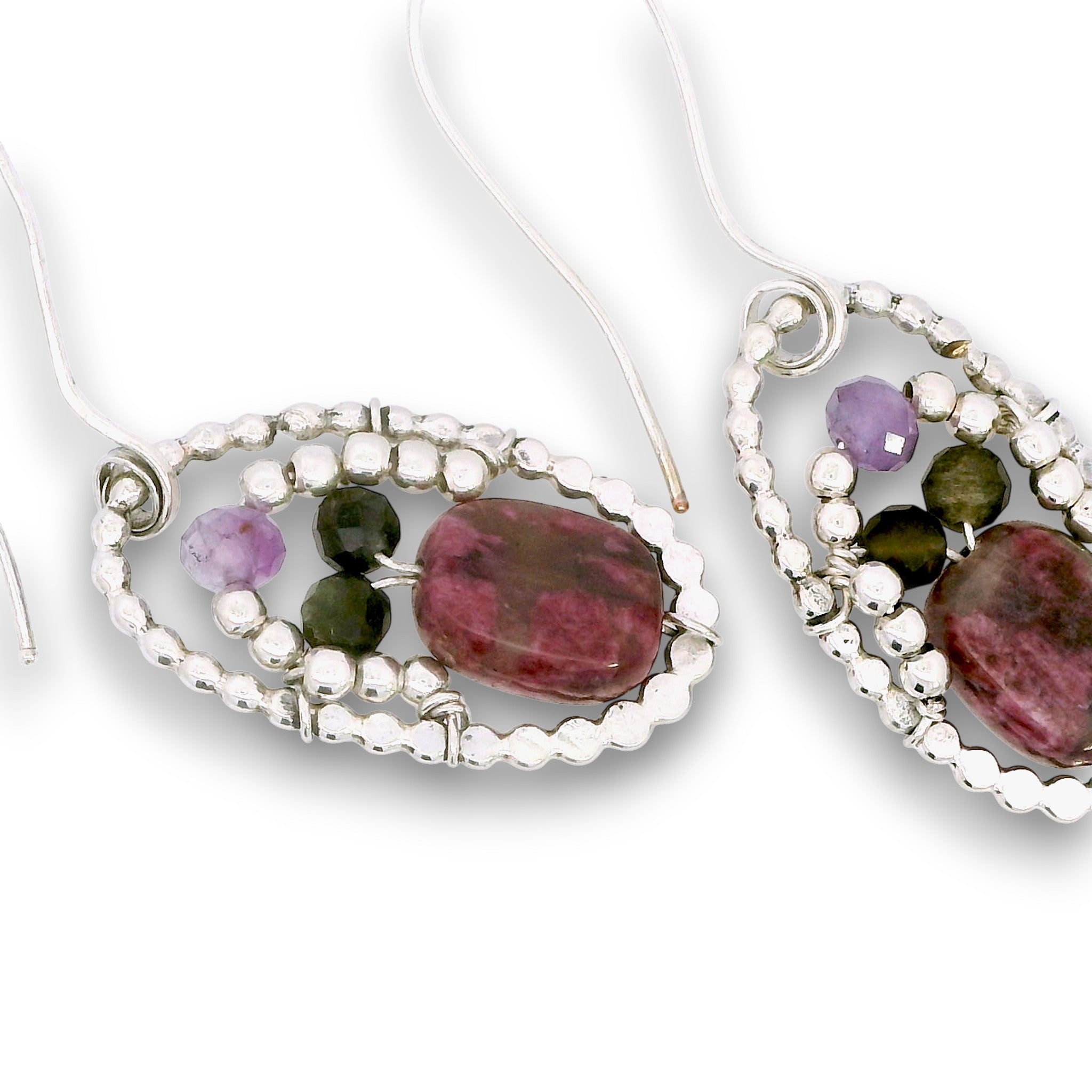 Sterling silver dot oval earrings with ruby, amethyst, green tourmaline, and sterling silver beads