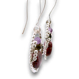 Sterling silver dot oval earrings with ruby, amethyst, green tourmaline, and sterling silver beads