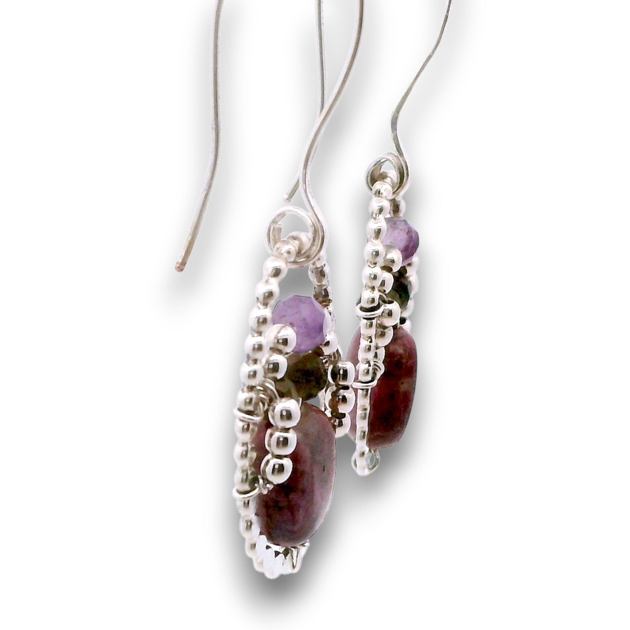 Sterling silver dot oval earrings with ruby, amethyst, green tourmaline, and sterling silver beads