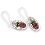 Sterling silver dot oval earrings with ruby, amethyst, green tourmaline, and sterling silver beads