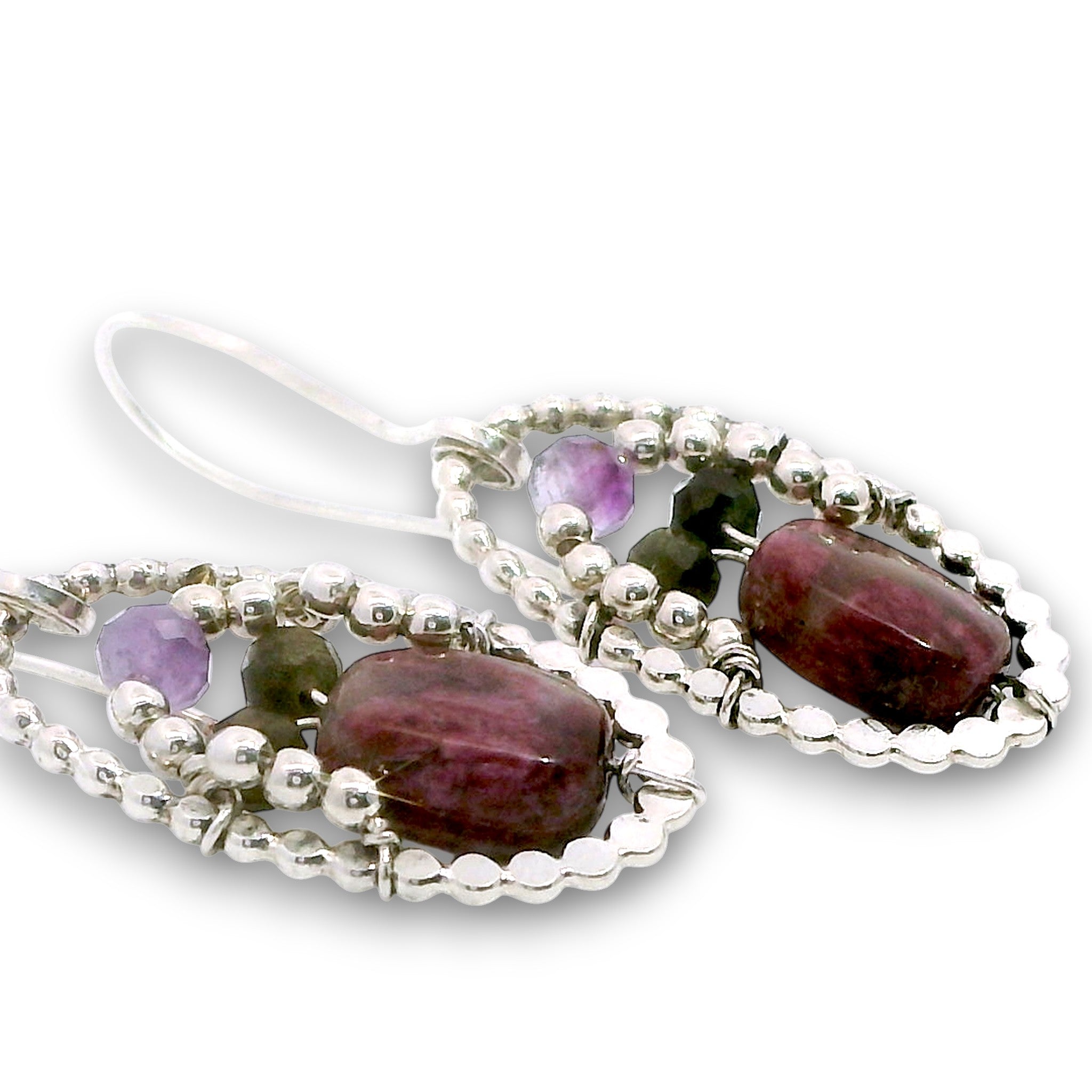 Sterling silver dot oval earrings with ruby, amethyst, green tourmaline, and sterling silver beads
