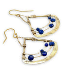 Rounded brass tree stamped triangle earrings with lapis faceted gemstones and gold filled delicate chain detail