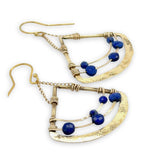 Rounded brass tree stamped triangle earrings with lapis faceted gemstones and gold filled delicate chain detail