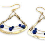 Rounded brass tree stamped triangle earrings with lapis faceted gemstones and gold filled delicate chain detail