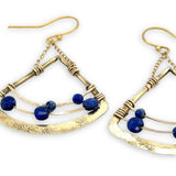 Rounded brass tree stamped triangle earrings with lapis faceted gemstones and gold filled delicate chain detail