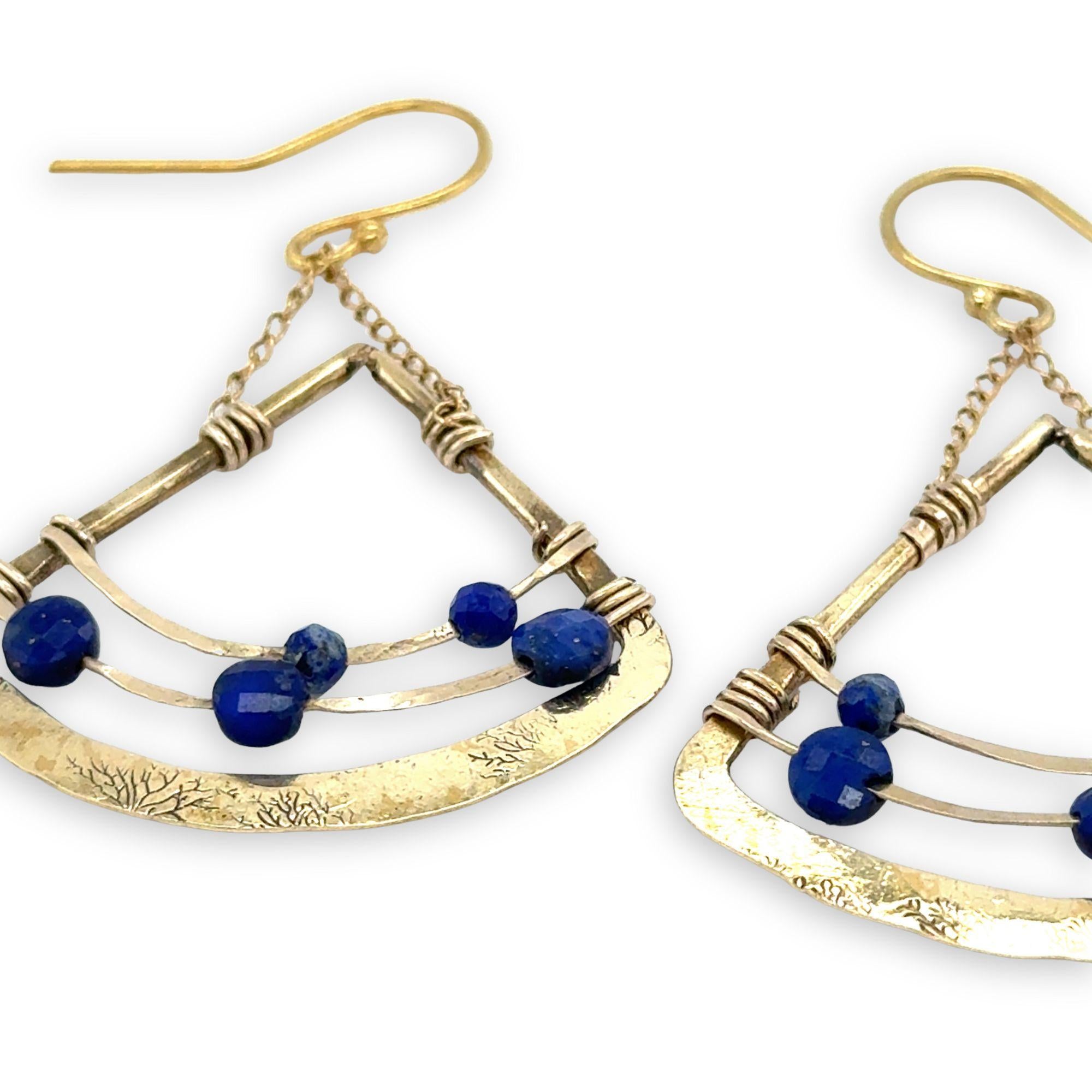 Rounded brass tree stamped triangle earrings with lapis faceted gemstones and gold filled delicate chain detail