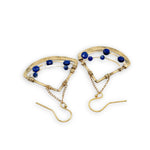 Rounded brass tree stamped triangle earrings with lapis faceted gemstones and gold filled delicate chain detail