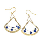 Rounded brass tree stamped triangle earrings with lapis faceted gemstones and gold filled delicate chain detail