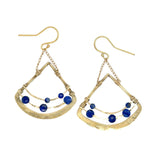 Rounded brass tree stamped triangle earrings with lapis faceted gemstones and gold filled delicate chain detail