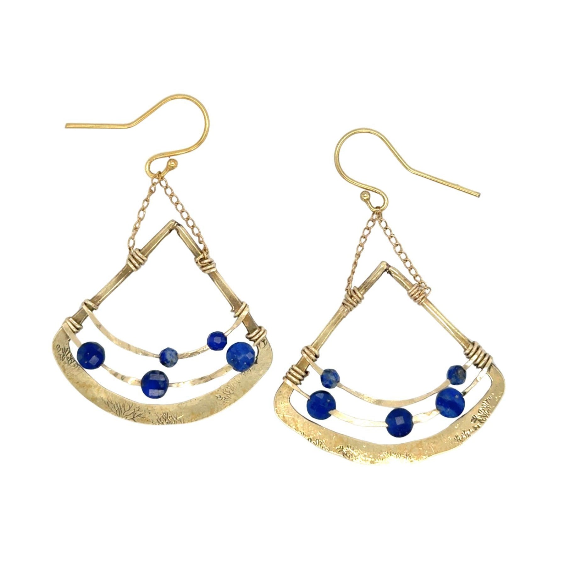 Rounded brass tree stamped triangle earrings with lapis faceted gemstones and gold filled delicate chain detail
