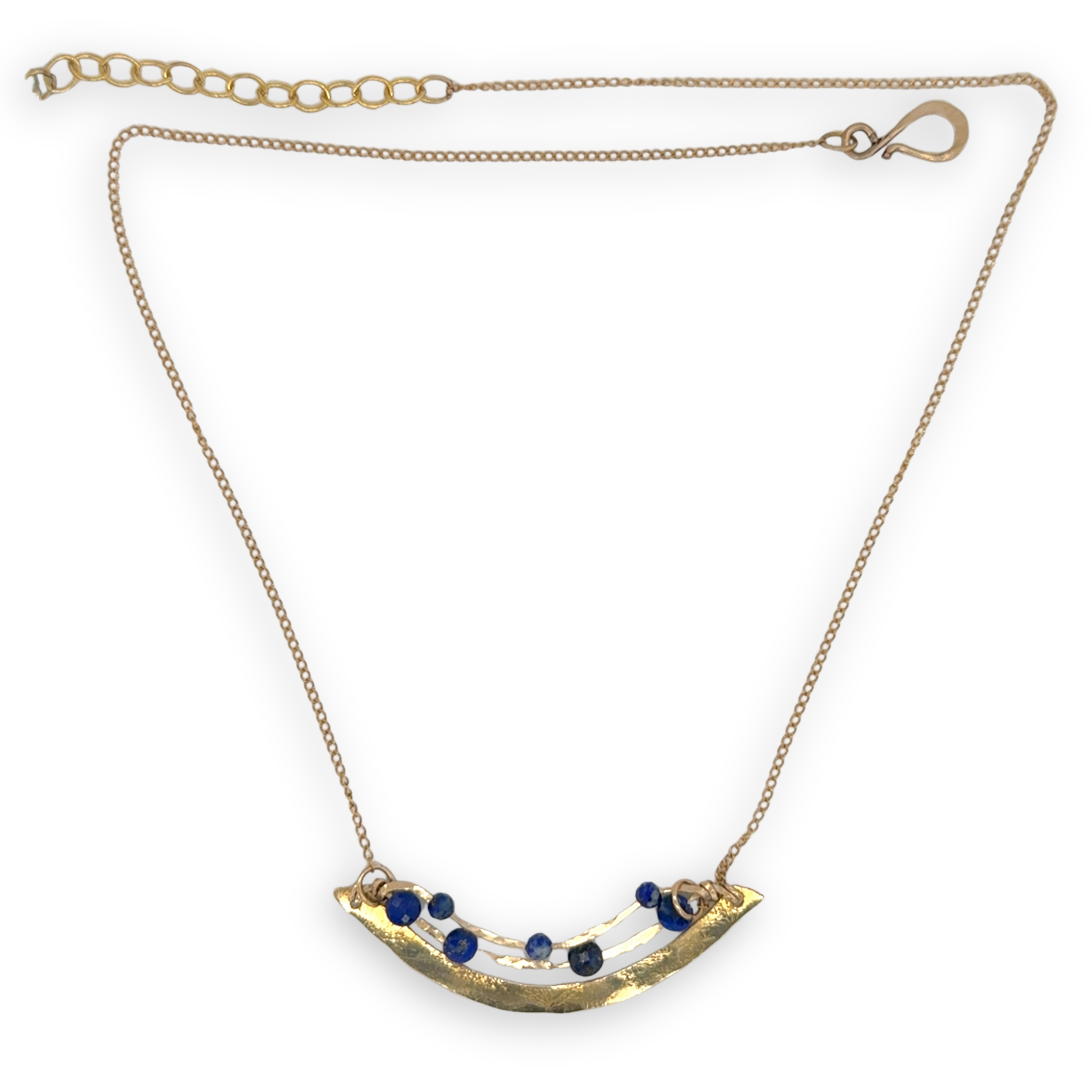 Brass hammered arch necklace with lapis faceted gemstone variety on gold filled chain