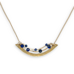 Brass hammered arch necklace with lapis faceted gemstone variety on gold filled chain