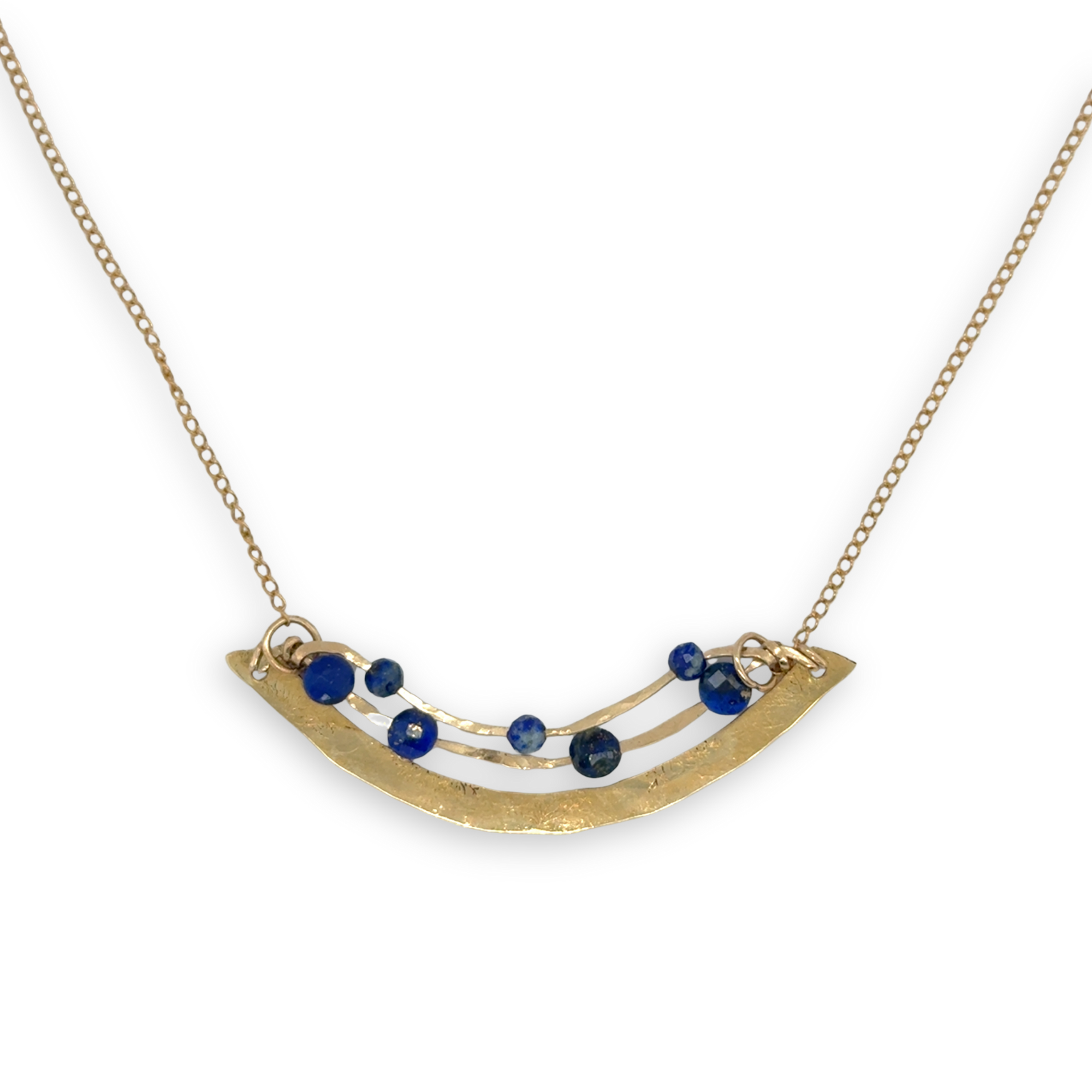 Brass hammered arch necklace with lapis faceted gemstone variety on gold filled chain