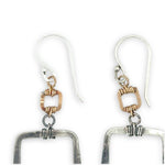 Pair of dark sterling silver rectangle earrings with gold filled mini squares