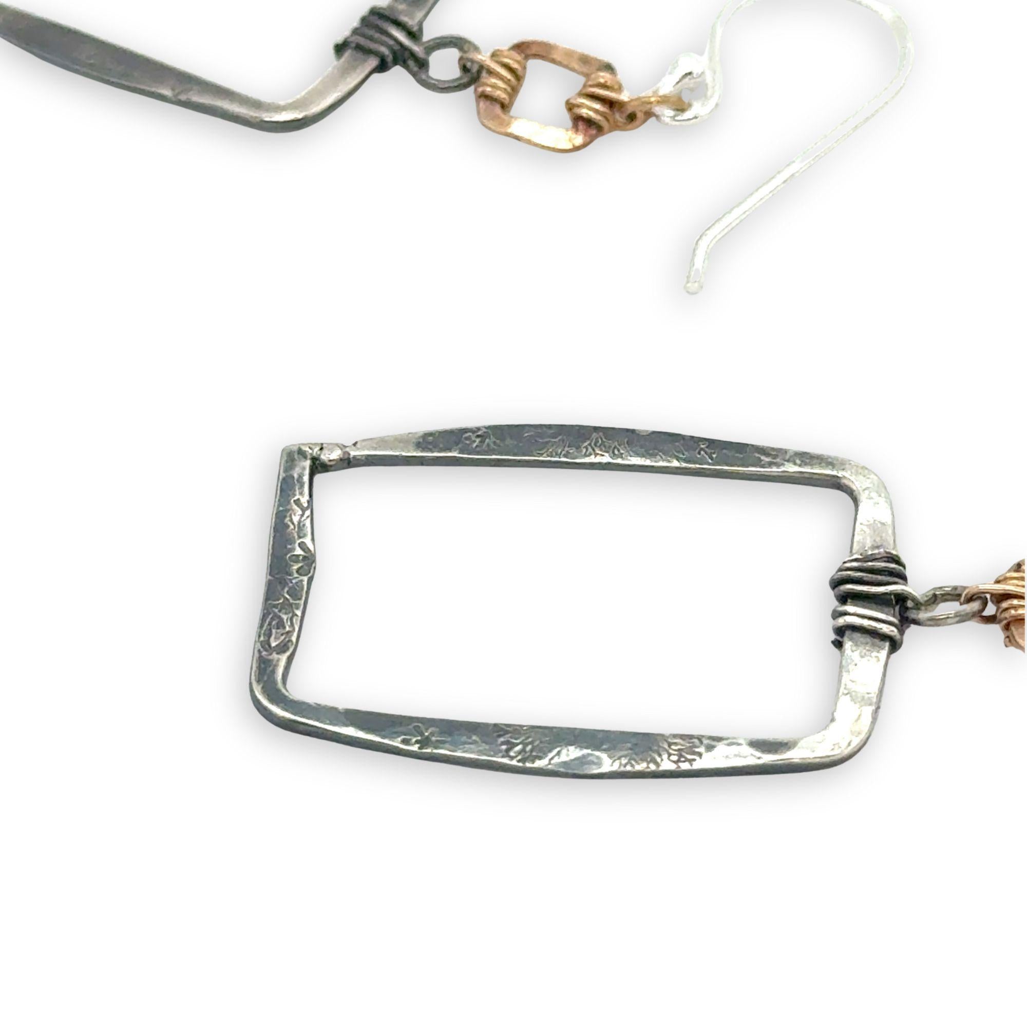 Pair of dark sterling silver rectangle earrings with gold filled mini squares