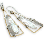 textured brass triangle mini earrings with biwa fresh water pearls and moonstone gemstones on sterling silver wire
