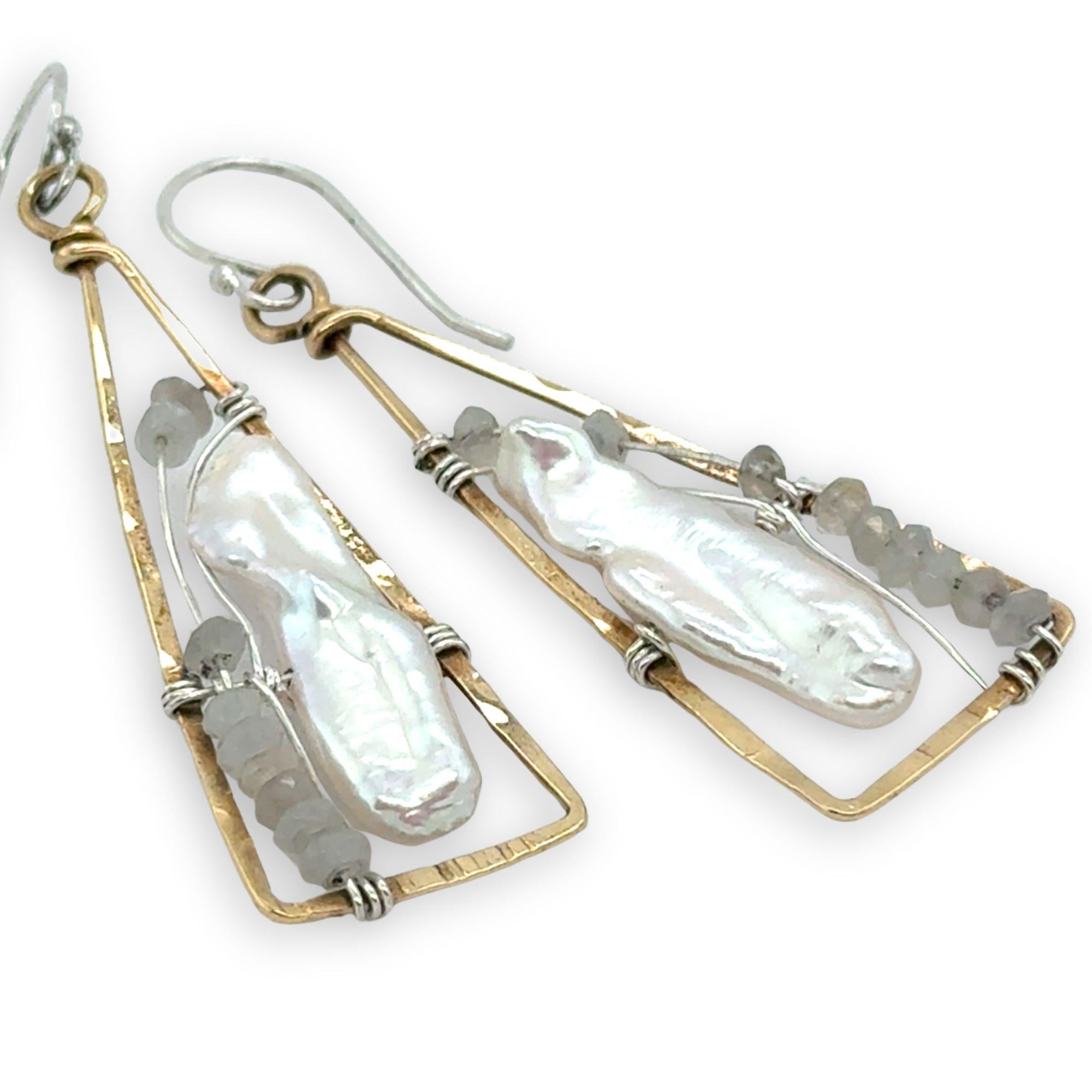 textured brass triangle mini earrings with biwa fresh water pearls and moonstone gemstones on sterling silver wire