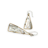 textured brass triangle mini earrings with biwa fresh water pearls and moonstone gemstones on sterling silver wire