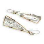 textured brass triangle mini earrings with biwa fresh water pearls and moonstone gemstones on sterling silver wire
