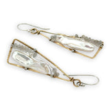 textured brass triangle mini earrings with biwa fresh water pearls and moonstone gemstones on sterling silver wire