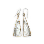 textured brass triangle mini earrings with biwa fresh water pearls and moonstone gemstones on sterling silver wire