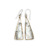 textured brass triangle mini earrings with biwa fresh water pearls and moonstone gemstones on sterling silver wire