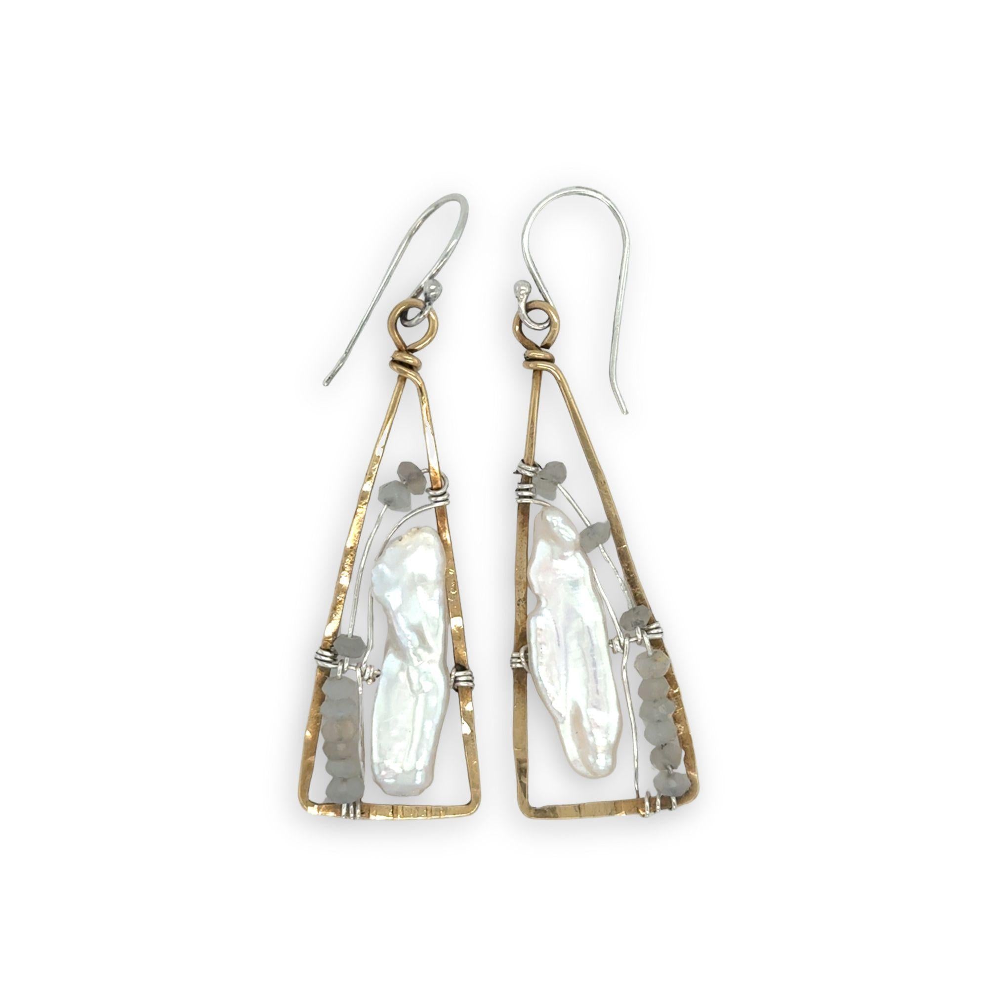 textured brass triangle mini earrings with biwa fresh water pearls and moonstone gemstones on sterling silver wire
