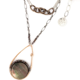 Bronze drop necklace with round abalone shell lined with moonstone gemstones on sterling silver double chain with brass link accents necklace