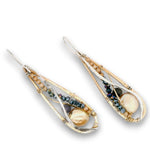 Bronze drop earrings with sterling silver and 14k gold filled wire with fresh water champagne pearl coins, iolite, and crystal gemstones