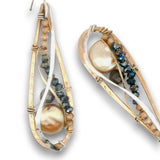 Bronze drop earrings with sterling silver and 14k gold filled wire with fresh water champagne pearl coins, iolite, and crystal gemstones